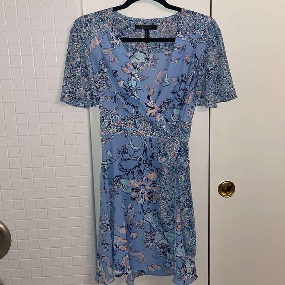Sky, blue and soft pink flower detailed flowy BCBG dress